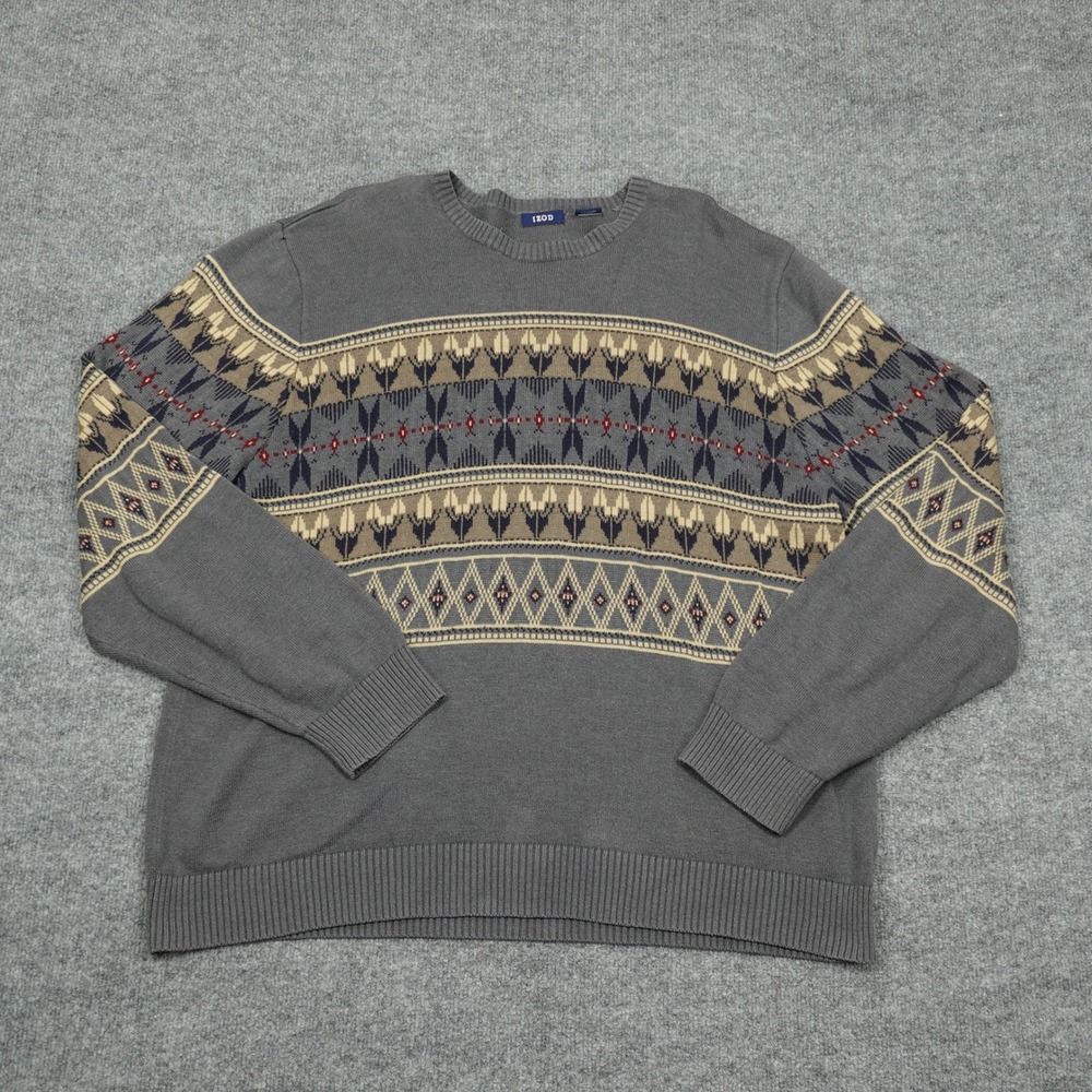 IZOD Sweater Men XL Gray Fair Isle Geometric Cotton Blend Pullover